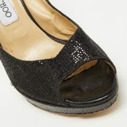 Jimmy Choo Black Glitter Fabric and Leather Luna Platform Pumps Size 39