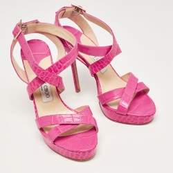 Pre Owned Jimmy Choo Pink Croc Embossed Leather Strappy Lottie Ankle Strap Sandals Size 39