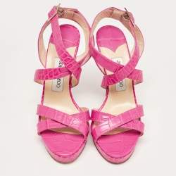 Pre Owned Jimmy Choo Pink Croc Embossed Leather Strappy Lottie Ankle Strap Sandals Size 39