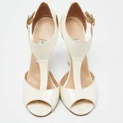 Jimmy Choo White/Cream Patent Leather Token T Strap Wedges Size 38.5