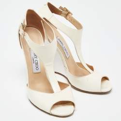 Jimmy Choo White/Cream Patent Leather Token T Strap Wedges Size 38.5