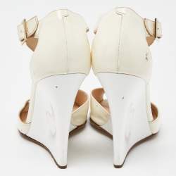 Jimmy Choo White/Cream Patent Leather Token T Strap Wedges Size 38.5