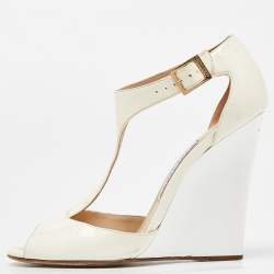 Jimmy Choo White/Cream Patent Leather Token T Strap Wedges Size 38.5