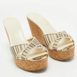 Pre Owned Jimmy Choo Cream Leather and Mesh Prima Cork Wedge Sandals Size 40