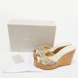 Pre Owned Jimmy Choo Cream Leather and Mesh Prima Cork Wedge Sandals Size 40