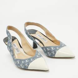 Pre Owned Jimmy Choo Blue/Cream Canvas and Patent liya Slingback Pumps Size 38