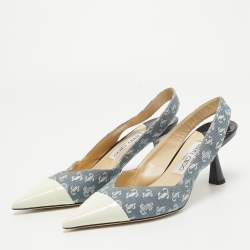 Pre Owned Jimmy Choo Blue/Cream Canvas and Patent liya Slingback Pumps Size 38