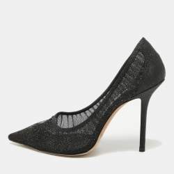 Pre Owned Jimmy Choo Black Glitter Mesh Love Pumps Size 39