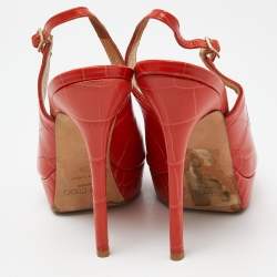 Jimmy Choo Orange Croc Embossed Leather Peep Toe Platform Slingback Pumps Size 39