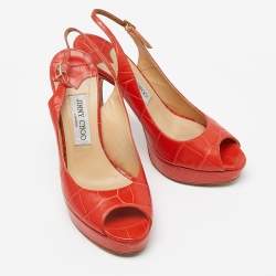 Jimmy Choo Orange Croc Embossed Leather Peep Toe Platform Slingback Pumps Size 39