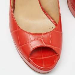 Jimmy Choo Orange Croc Embossed Leather Peep Toe Platform Slingback Pumps Size 39