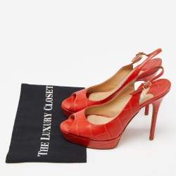 Jimmy Choo Orange Croc Embossed Leather Peep Toe Platform Slingback Pumps Size 39