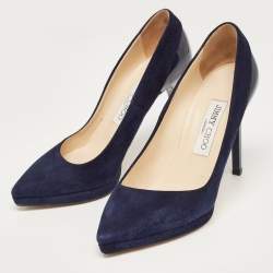 Pre Owned Jimmy Choo Navy Blue Suede and Patent Rudy Pumps Size 36.5