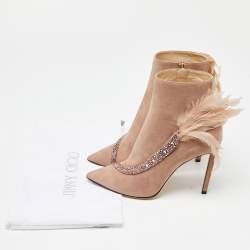 Jimmy Choo Pink Suede and Feather Crystal Embellished Ankle Boots Size 39