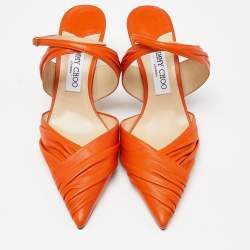Pre Owned Jimmy Choo Orange Leather Pointed Toe Ankle Strap Pumps Size 39
