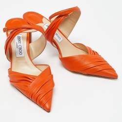 Pre Owned Jimmy Choo Orange Leather Pointed Toe Ankle Strap Pumps Size 39