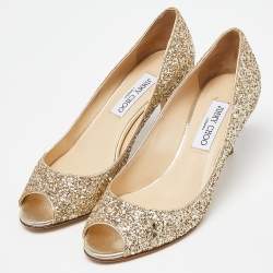 مملوكة مسبقًا Jimmy Choo Gold Glitter Open Toe Pumps Size 37.5