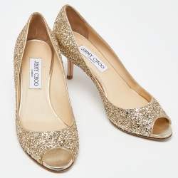 مملوكة مسبقًا Jimmy Choo Gold Glitter Open Toe Pumps Size 37.5