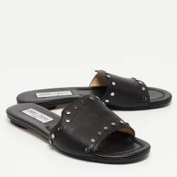 مملوكة مسبقًا Jimmy Choo Black Leather Studded Nanda Flat Slides Size 37