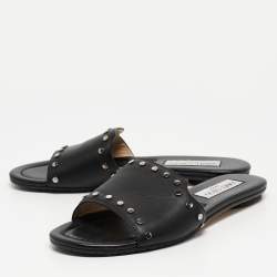 مملوكة مسبقًا Jimmy Choo Black Leather Studded Nanda Flat Slides Size 37