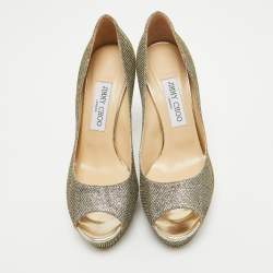 Pre Owned Jimmy Choo Silver/Gold Lurex Fabric Dahlia Peep Toe Pumps Size 38