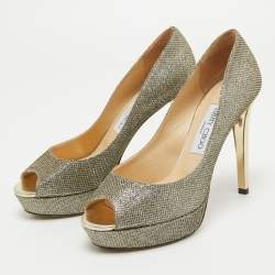 Pre Owned Jimmy Choo Silver/Gold Lurex Fabric Dahlia Peep Toe Pumps Size 38