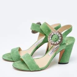 Pre Owned Jimmy Choo Green Suede Ankle Strap Sandals Size 38.5