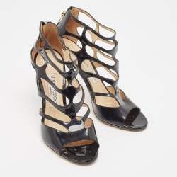 مملوكة مسبقًا Jimmy Choo Black Patent Leather Cut Out Peep Toe Sandals Size 37