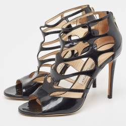 مملوكة مسبقًا Jimmy Choo Black Patent Leather Cut Out Peep Toe Sandals Size 37
