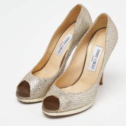 Pre Owned Jimmy Choo Gold/Silver Glitter and Leather Luna Peep Toe Pumps Size 38.5