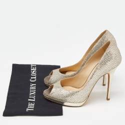 Pre Owned Jimmy Choo Gold/Silver Glitter and Leather Luna Peep Toe Pumps Size 38.5