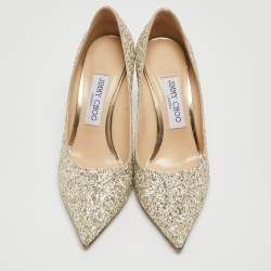 Pre Owned Jimmy Choo Gold/White Coarse Glitter Love Pumps Size 37