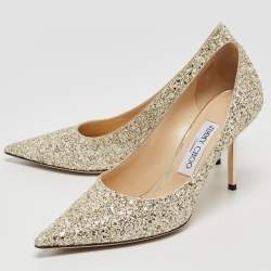 Pre Owned Jimmy Choo Gold/White Coarse Glitter Love Pumps Size 37