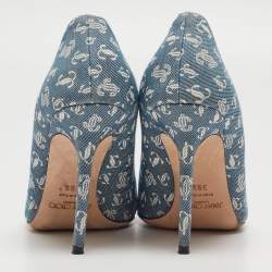 Pre Owned Jimmy Choo Blue/White Logo Print Canvas Diamond Talura Pumps Size 39.5