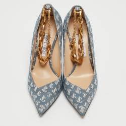 Pre Owned Jimmy Choo Blue/White Logo Print Canvas Diamond Talura Pumps Size 39.5