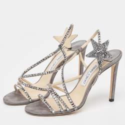 Pre Owned Jimmy Choo Grey Shimmer Suede Embellished Lynn Sandals Size 38