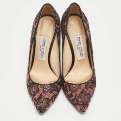 Jimmy Choo Pink/Black Lace and Mesh Pointed Toe Pumps Size 36