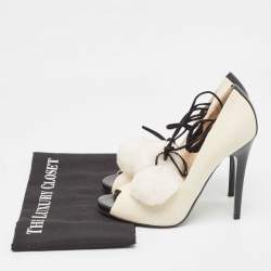 Jimmy Choo Off White Leather Pom Pom Ankle Tie Peep Toe Pumps Size 37.5
