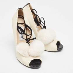 Jimmy Choo Off White Leather Pom Pom Ankle Tie Peep Toe Pumps Size 37.5