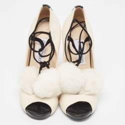 Jimmy Choo Off White Leather Pom Pom Ankle Tie Peep Toe Pumps Size 37.5