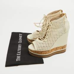 Jimmy Choo Off White Perforated Leather Lace Up Cork Wedge Booties Size 37