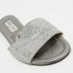 Jimmy Choo Silver Glitter and Leather Nanda Flat Slides Size 37