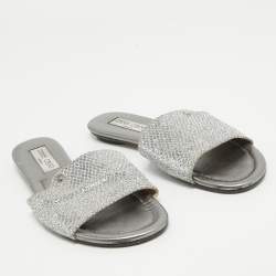 Jimmy Choo Silver Glitter and Leather Nanda Flat Slides Size 37