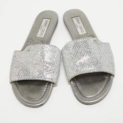 Jimmy Choo Silver Glitter and Leather Nanda Flat Slides Size 37