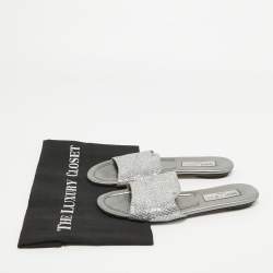 Jimmy Choo Silver Glitter and Leather Nanda Flat Slides Size 37