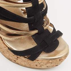 Jimmy Choo Black/Gold Suede and Leather Wedge Sandals Size 37  