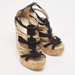 Jimmy Choo Black/Gold Suede and Leather Wedge Sandals Size 37  