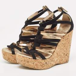 Jimmy Choo Black/Gold Suede and Leather Wedge Sandals Size 37  