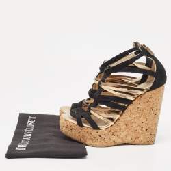 Jimmy Choo Black/Gold Suede and Leather Wedge Sandals Size 37  