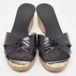 Jimmy Choo Black Croc Embossed Prima Wedge Sandals Size 39